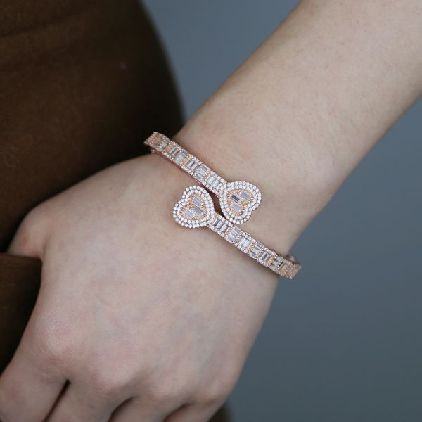 

manifold delicate baguette cz heart shape adjustable cuff bangle bracelet iced out bling 5a cubic zirconia luxury women hiphop jewelry, Golden;silver