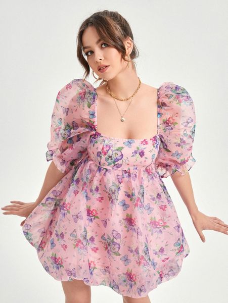 

square neck puff sleeve butterfly & floral print organza dress a3eh#, Black;gray