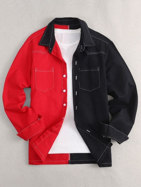 

men two tone dual pocket denim shirt without tee r78e#, White;black