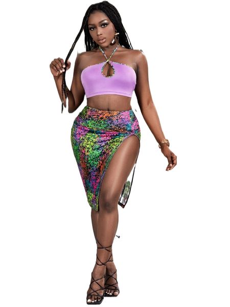 

cut out crop halter & snakeskin print twist side slit skirt b5gk#, White