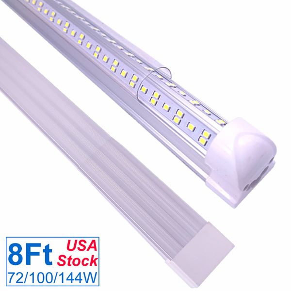 T8 led dükkan ışık tüp fikstür, 8ft 72 w 100 w 144 w, şeffaf lens kapağı, çift tarafı 4 satırlar v şekli entegre ampul lamba, soğutucu kapı ışıkları garaj depo atölye bodrum