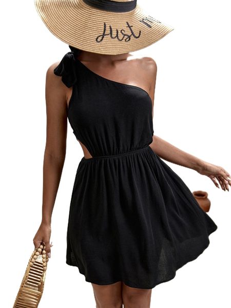 

knot detail one shoulder cut out waist dress c5gd#, Black;gray