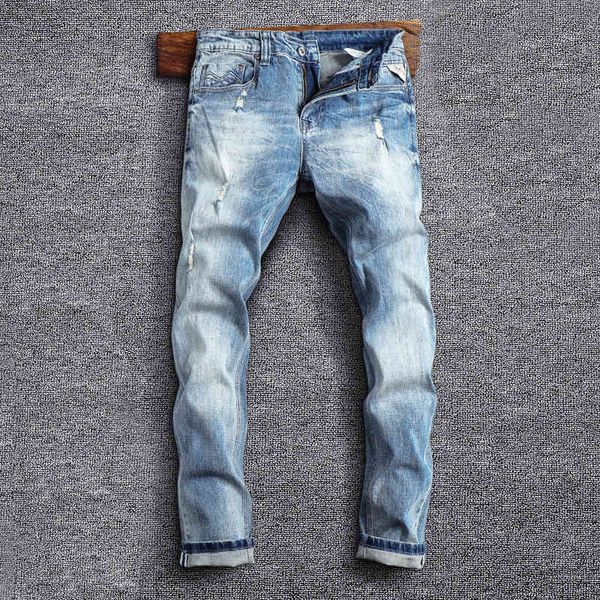 

men's jeans trendy fashion personalized spring and summer scratched cotton jeans men's slim straight leg trendy pants q90i, Blue