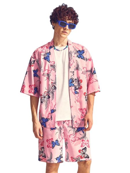 

men crane & butterfly print shirt & shorts t9ko#, Gray