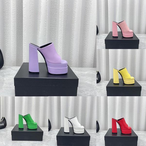 

designer slippers women platform sandals mules calf leather slides chunky block high heels slip-on open toe women luxury sandal, Black