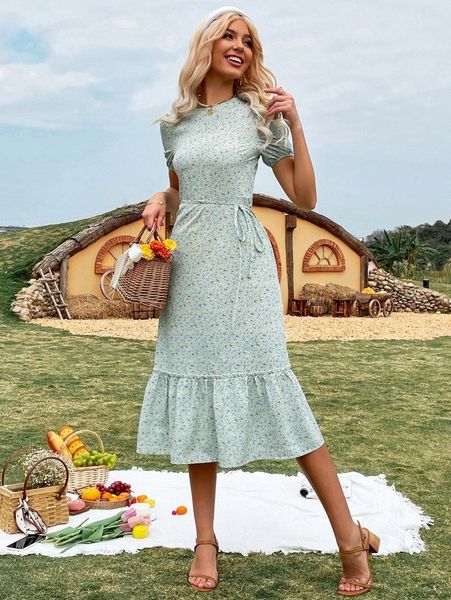 

ditsy floral puff sleeve ruffle hem dress s2t8#, Black;gray