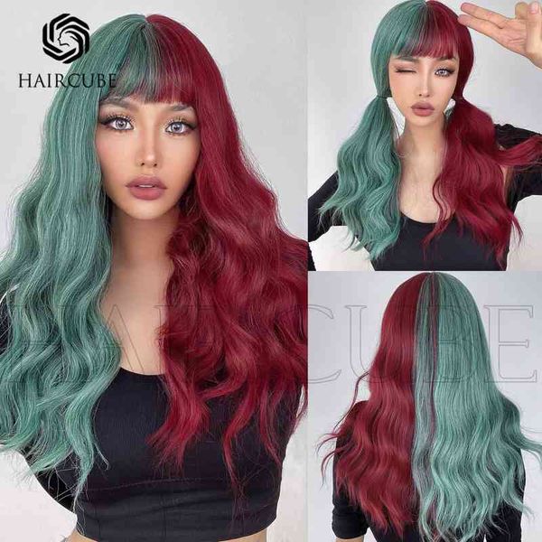 

ms. feng wigs qi bangs long curly red brown green straight 220527, Black