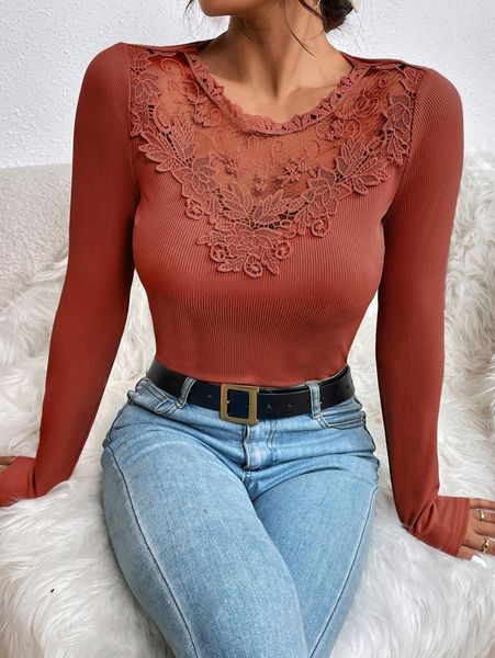 

guipure lace panel ribbed knit tee 25zg#, White