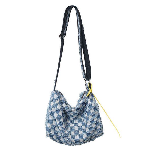 

2022 new denim shoulder bags for women soft plaid hobos large capacity cloth packages sell fashion messenger bags g220517