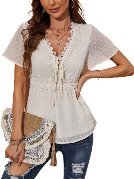 

lace trim tie front swiss dot f4vs#, White