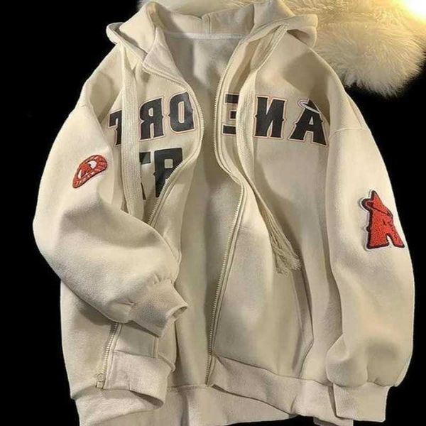 

american retro embroidered letters gothic oversized with hooded pullover women y2k street casual all-game zipper pair coat, Black