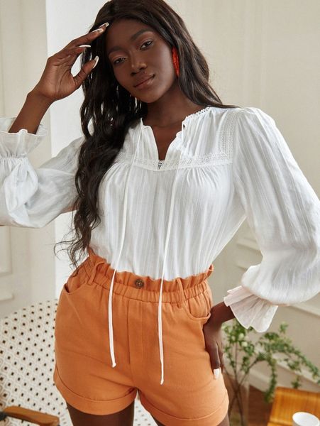 

guipure lace insert tie neck flounce sleeve blouse v8in#, White