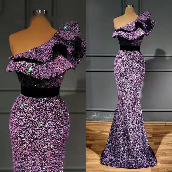 Lila Lavender Pailletten Meerjungfrau Abendkleider Rüschen Eine Schulter Sparkly Arabisch ASO Ebi Prom Party Zweites Engagament Kleid auf Lager