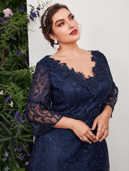 

plus surplice front lace dress 23hg#, Black