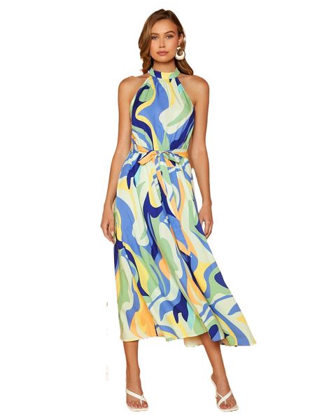 

allover print belted halter dress 68m0#, Black;gray