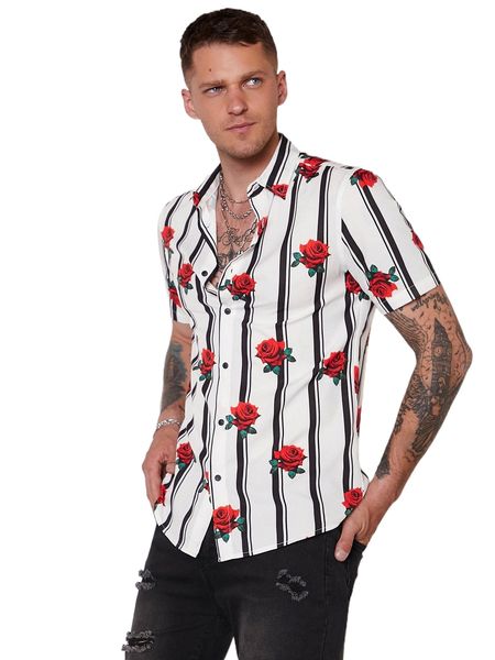 

men striped & rose print shirt 41od#, White;black