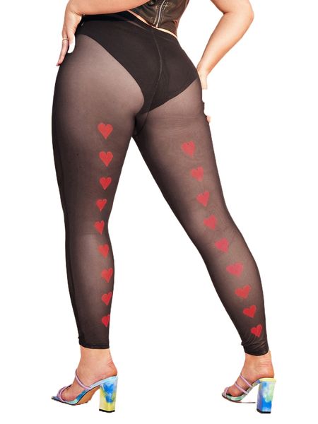

plus heart print mesh leggings without panty p80q#, Black