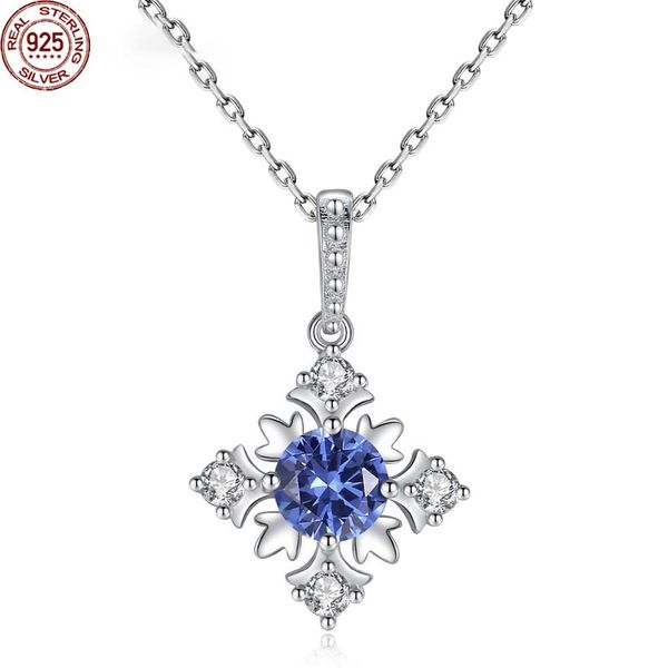 

genuine 925 sterling silver necklaces for women flower shape blue sapphire penda