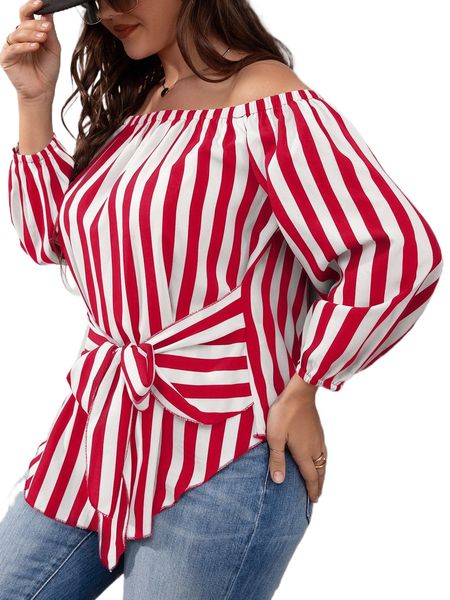 

plus striped bishop sleeve off shoulder tie front blouse j2uw#, Black