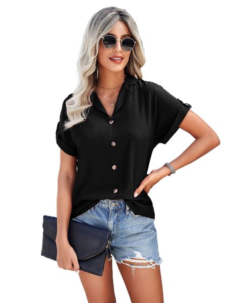 

fake button roll tab sleeve blouse y5bk#, White