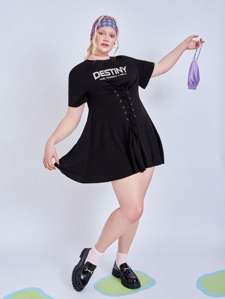 

plus slogan graphic lace up dress j2qw#, Black
