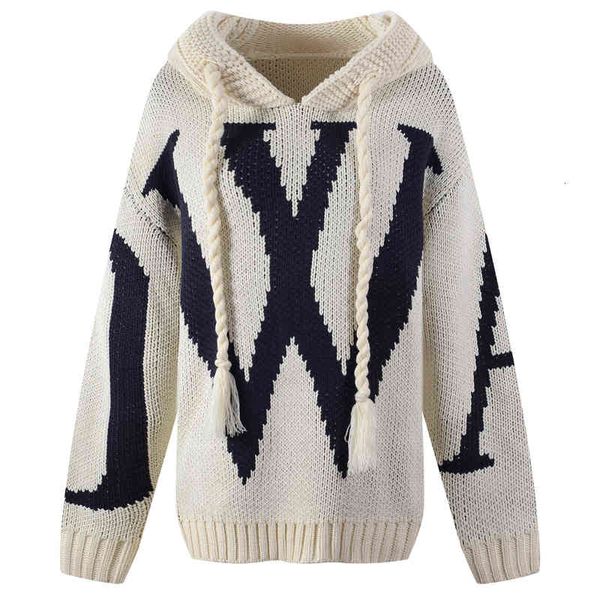 

women's sweaters hooded sweater jacquard letter contrast loose women's clothing autumn and winter lazy style l77r, White;black