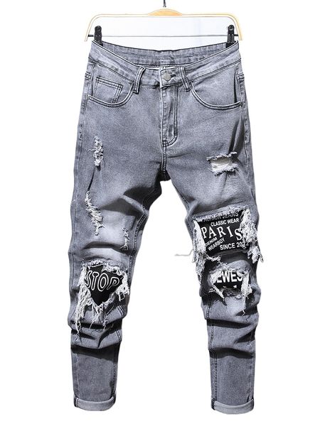

men stone washed letter patched ripped jeans 116w#, Blue