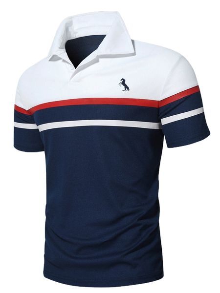 

men color block horse print polo shirt z29g#, White;black