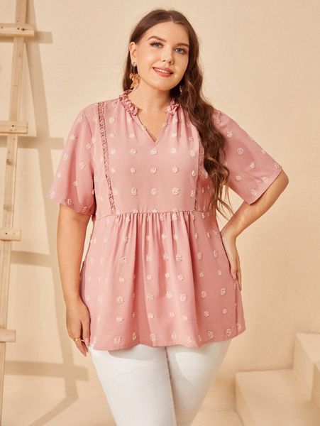 

plus swiss dot notched neck smock blouse a7g7#, Black