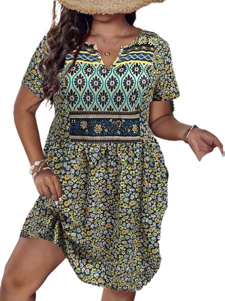 

plus ditsy floral smock dress x37e#, Black