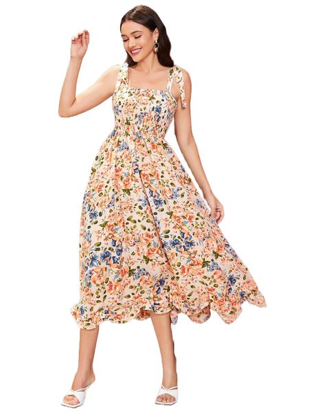 

allover floral print tie shoulder cami dress o86g#, Black;gray