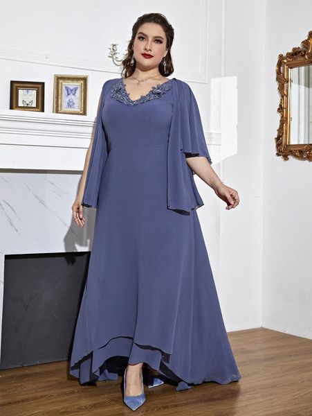 

plus applique cloak sleeve high low dress z8bz#, Black