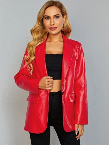 

single button leather look blazer k3ii#, White