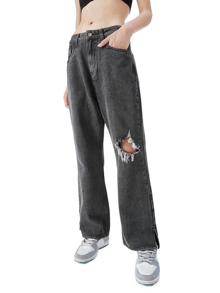 

zip up ripped straight leg jeans l2zz#, Blue