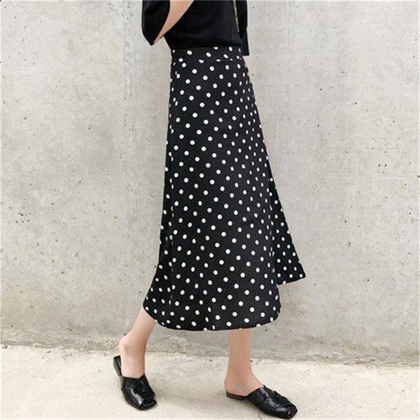 Kadınlar Yaz Etek Kore Streetwear Vintage Polka Dot Ince Yüksek Bel A Hattı Şifon Uzun Etek S-3XL Siyah Beyaz Kırmızı B157 T200324