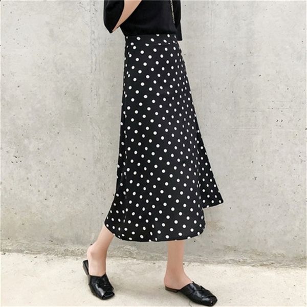 

women summer skirt korean streetwear vintage polka dot slim high waist a line chiffon long skirt s3xl black white red b157 t200324