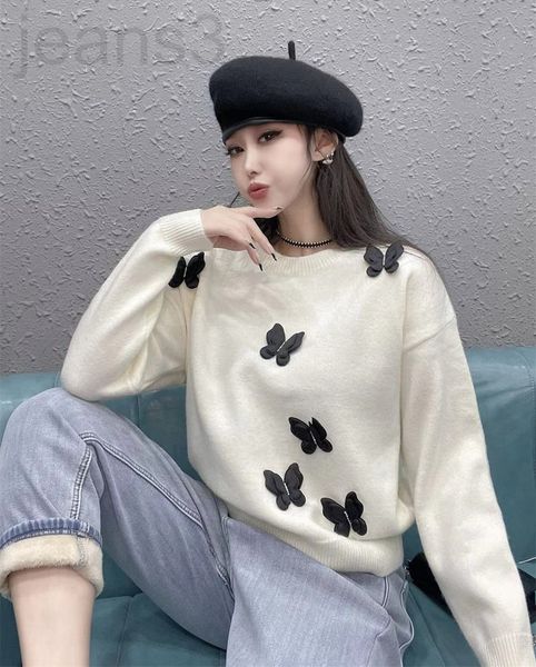 

women's knits & tees designer 2021 winter new femininity round neck loose bat sleeve three-dimensional butterfly nail bead long wool sw, White
