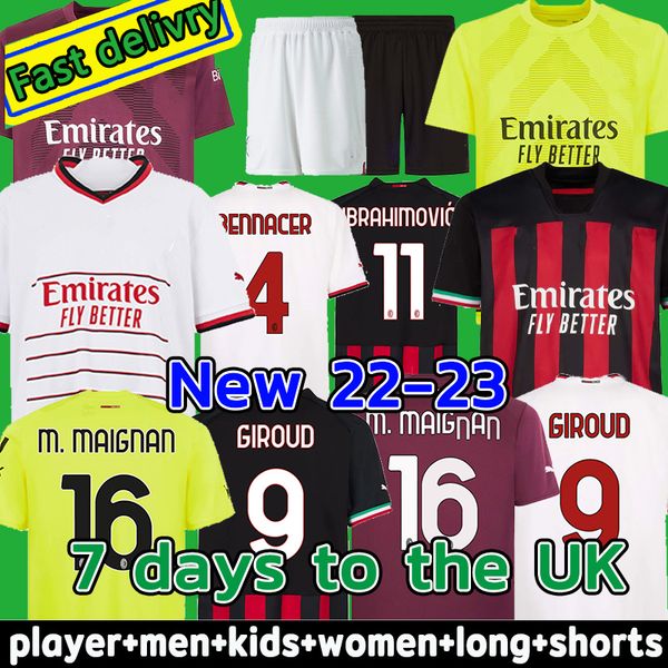 

22 23 ac milans soccer jerseys 2022 2023 tomori giroud ibrahimovic third home goalkeeper tonali player version special theo brahim kids foot, Black;yellow