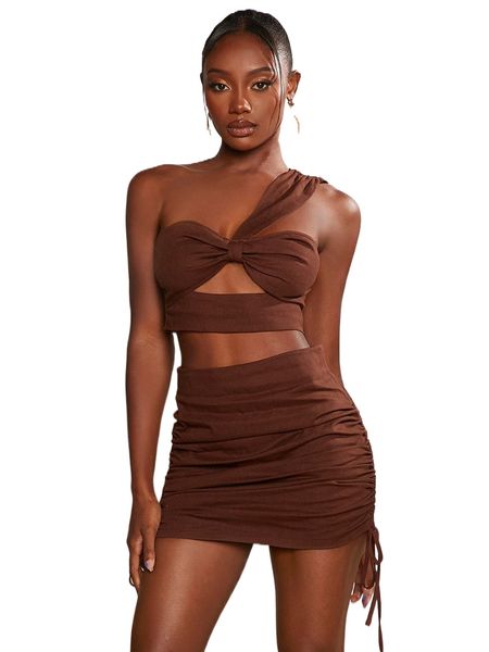 

cut out one shoulder & drawstring side bodycon skirt w0zl#, White