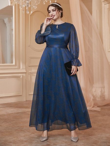 

plus jacquard keyhole neckline flounce sleeve satin prom dress u7sq#, Black