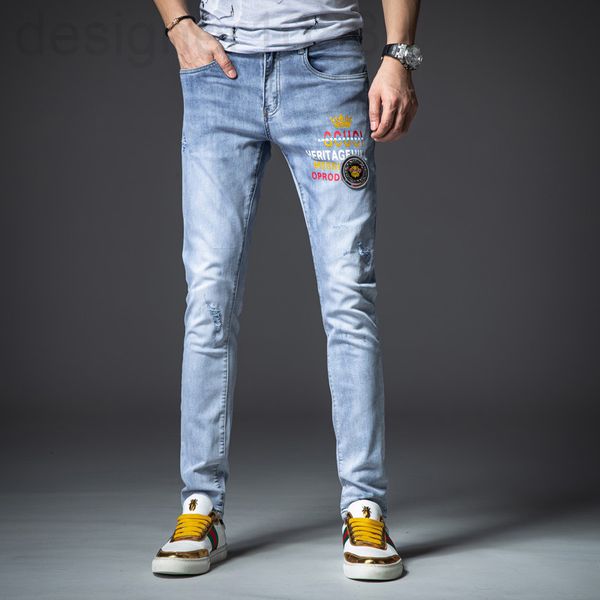 

men's jeans designer crown printed thin men's jeans embroidered brick small foot slim fit elastic brand pants ytog, Blue