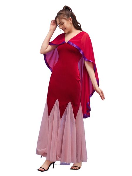 

x chronically classy boxy pleated hem velvet dress with cape h5m4#, Black;gray