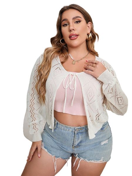 

plus pointelle knit knot front cardigan s7w4#, Black