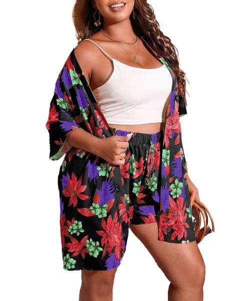 

plus tropical print kimono & tie waist shorts 26ce#, Black