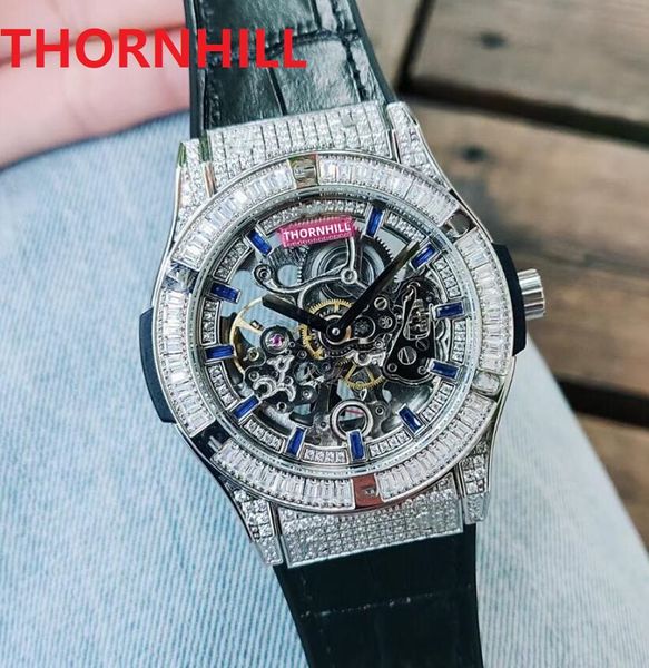 Tourbillon Automatische mechanische Uhren Männer Relogio Masculino Hohl Skelett Farbe Diamanten Echtes Leder Präsident Tag Datum der Schweiz Highend Watch