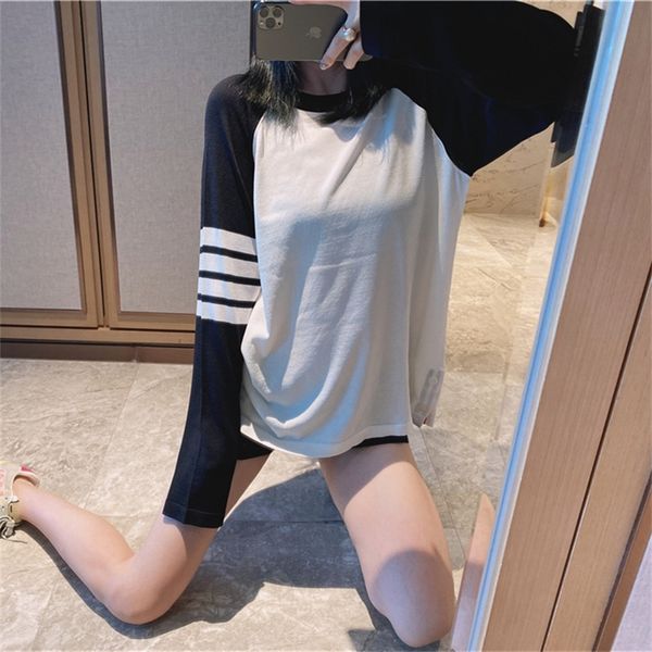 

early fall new contrast stripe long sleeve t-shirt, White