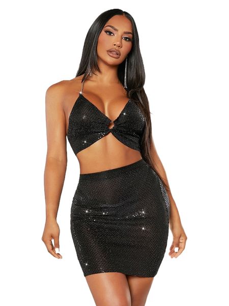 

sxy o-ring linked backless crop halter & bodycon skirt v4jb#, White