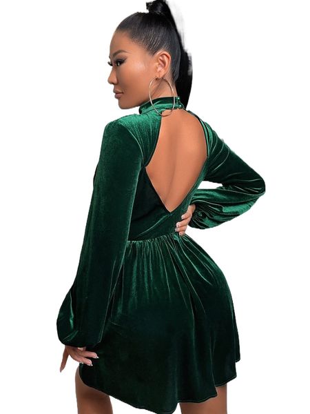 

backless mock neck lantern sleeve velvet dress a2mn#, Black;gray