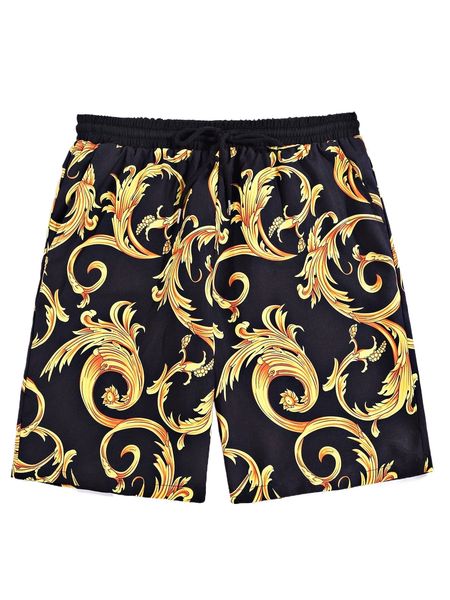 

men random baroque print drawstring waist shorts 37ky#, White;black