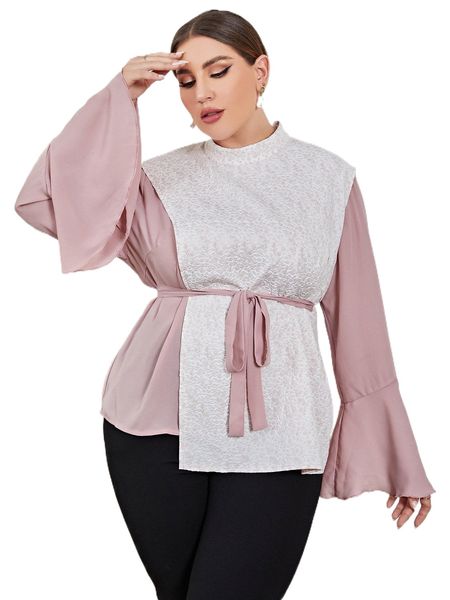 

plus flounce sleeve belted blouse p5aq#, Black